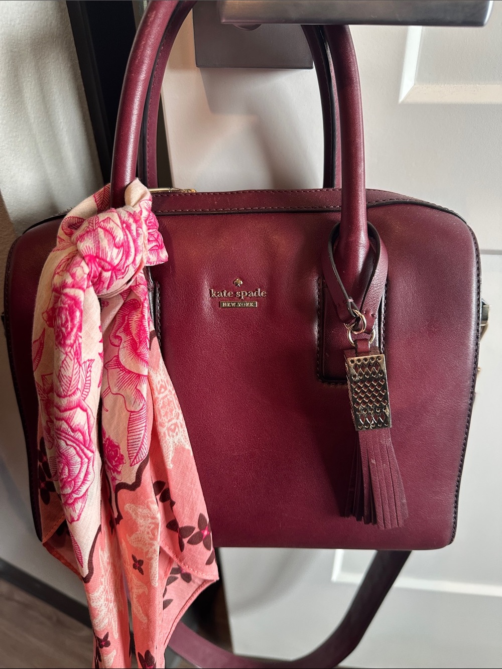 kate spade Burgundy Leather Satchel with Tassel and Scarf Accent